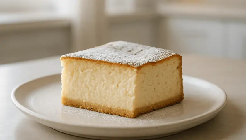Pyszny kawałek sernika z 1kg sera, posypany cukrem pudrem. Zastanawiasz się, ile czasu piec sernik z 1kg sera?