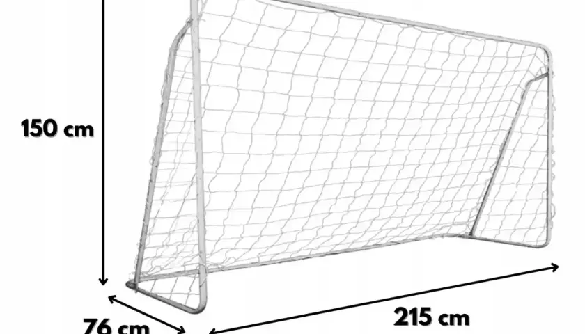 Bramka piłkarska z siatką, której wymiary to: wysokość 150 cm, szerokość 215 cm, głębokość 76 cm. Idealna do treningów.