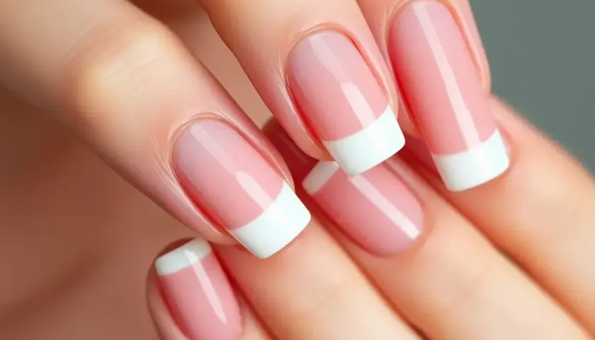 Dłonie z idealnym manicure french na beżu. Delikatny róż i biel podkreślają elegancję.