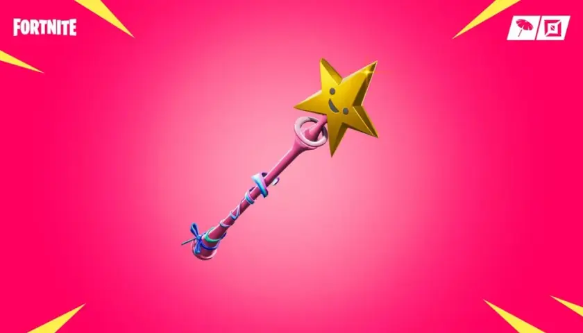 Różdżka Fortnite ze złotą gwiazdką i uśmiechniętą buźką. Idealna do magicznych zwycięstw!