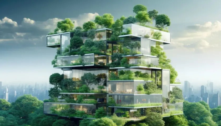 Edificio moderno con terrazze verdi e vetrate, un esempio di architettura bioclimatica integrata nella natura.