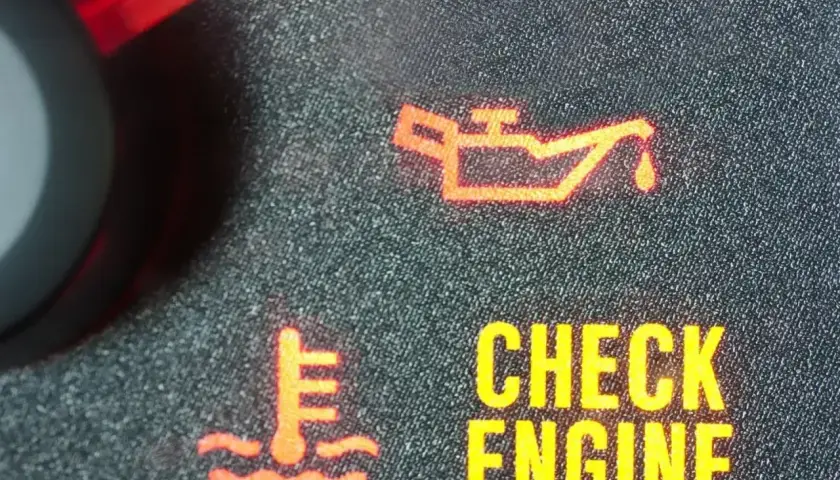 Na desce rozdzielczej świeci się żółta kontrolka oleju i napis "CHECK ENGINE".