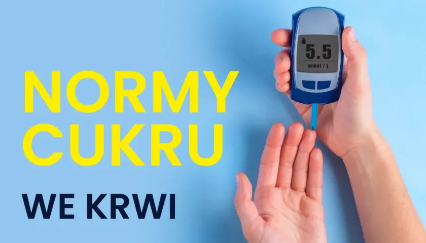 Dłoń trzyma glukometr pokazujący 5.5 mmol/L. Napis "NORMY CUKRU WE KRWI" informuje o ważności monitorowania poziomu cukru we krwi.