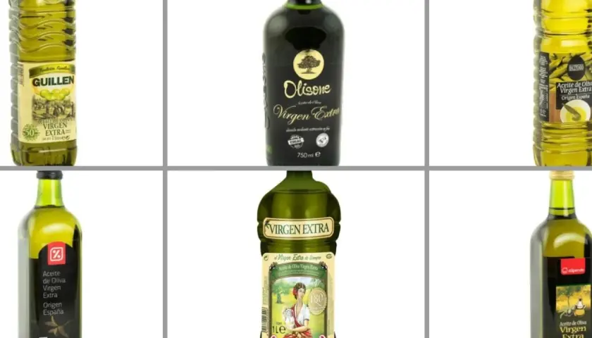 Seis botellas de aceite de oliva virgen extra, perfectas para untar o cocinar. Varias marcas como Guillen, Olisone y La Española.