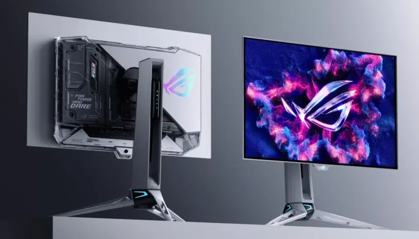 Zwei ROG-Monitore, einer mit transparentem Gehäuse und der andere mit einem leuchtenden ROG-Logo. Sie fragen sich, wie viel FPS das Auge hat?