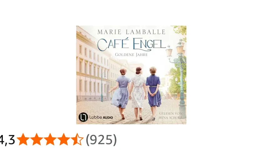 Drei Frauen in Kleidern gehen auf eine Stadtansicht zu. Der Titel "Café Engel: Goldene Jahre" ist prominent platziert.