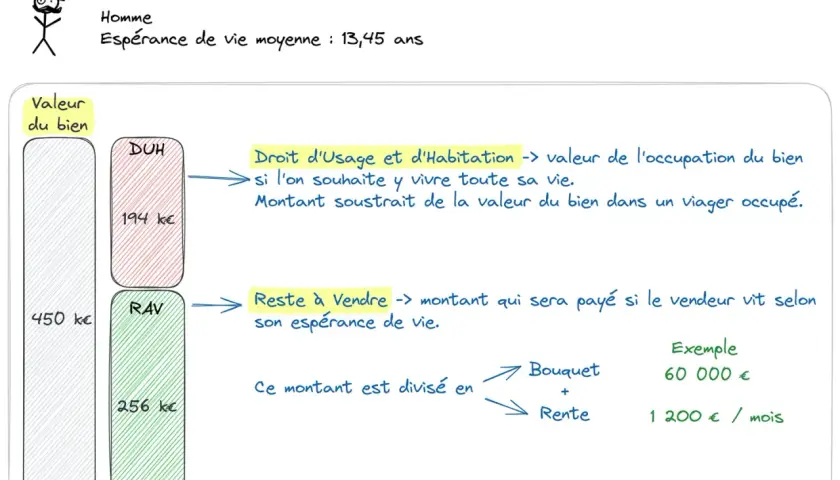 Schéma expliquant la vente en viager occupé : la valeur du bien est divisée entre le droit d'usage et d'habitation (DUH) et le reste à vendre (RAV), qui peut être un bouquet et une rente.