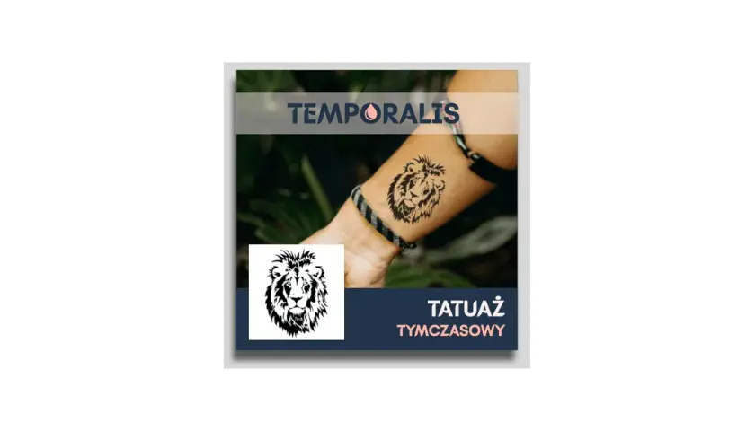 Damskie tatuaże na rękę: tymczasowy lew na przedramieniu, symbol siły i odwagi.