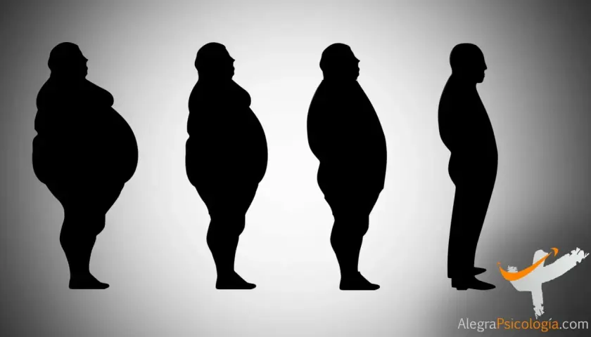 Siluetas humanas muestran la progresión de la diferencia entre sobrepeso y obesidad, desde un cuerpo muy obeso hasta uno con peso saludable.