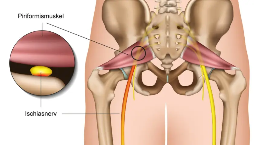 Piriformis-Muskel drückt auf Ischiasnerv, Ursache für Ischias Schmerz. Detailansicht zeigt Nerveneinklemmung.