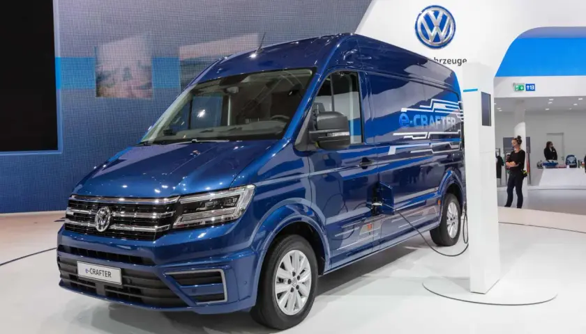 Niebieski elektryczny kamper e-Crafter podłączony do ładowarki.