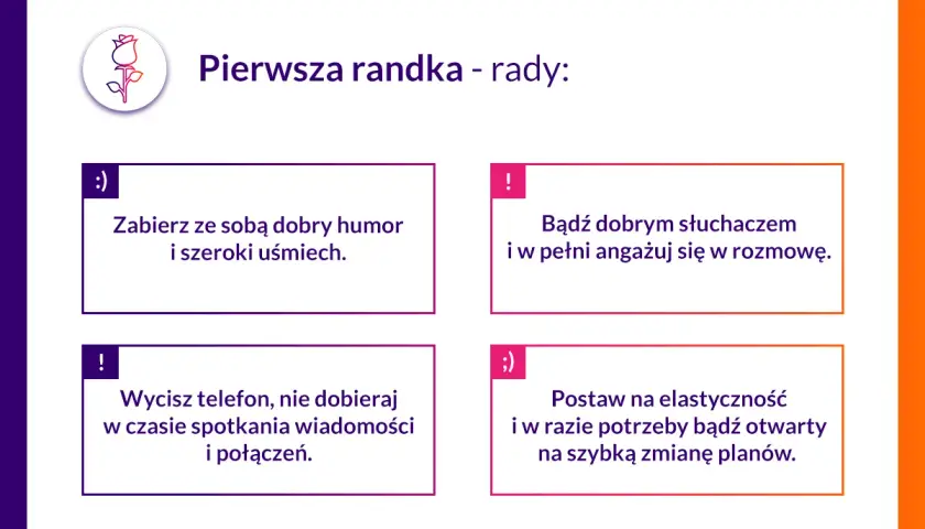 Pierwsza randka - rady: dobry humor, słuchaj, wycisz telefon, bądź elastyczny. Pomysły na udane spotkanie.