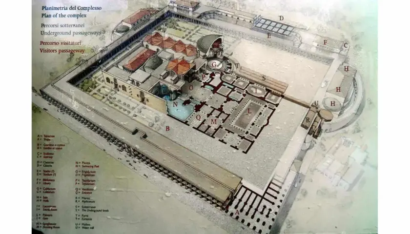 Vue aérienne d'une reconstitution des thermes de Caracalla, montrant les piscines, les jardins et les passages souterrains.
