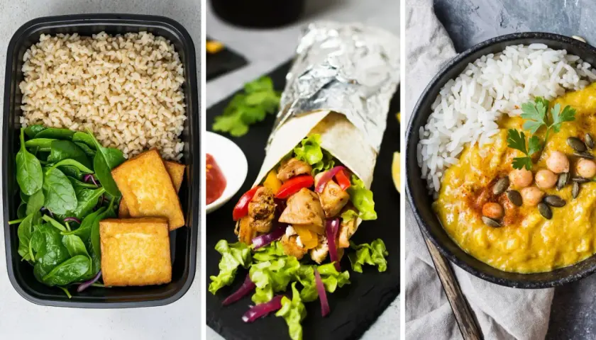 Kolorowe dania z ryżem, wrap z kurczakiem i warzywami, curry z ciecierzycą – inspiracje na meal prep przepisy.