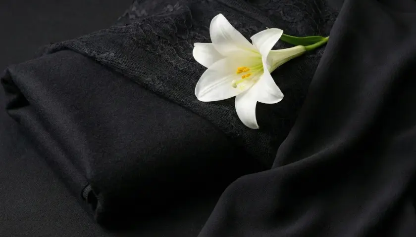Lirio blanco sobre telas negras, evocando el significado del color negro: elegancia, misterio y luto.