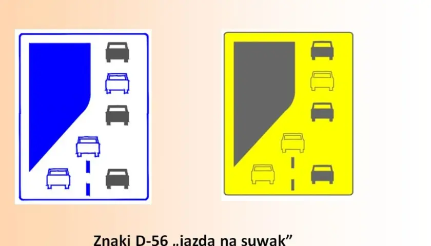Znaki D-56 ilustrują jazda na suwak. Po lewej niebieski znak z samochodami, po prawej żółty znak z samochodami.