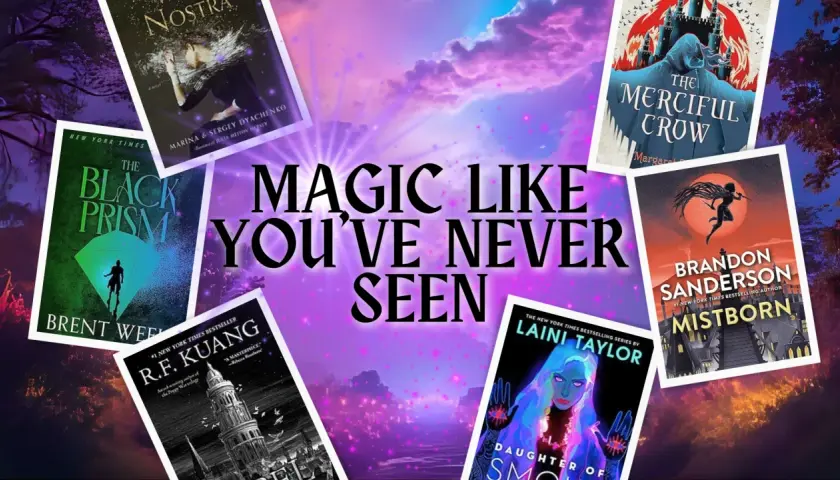 Odkryj najlepsze książki fantasy z rozbudowanym systemem magii ranking 2026! Okładki "Mistborn", "The Black Prism" i innych.