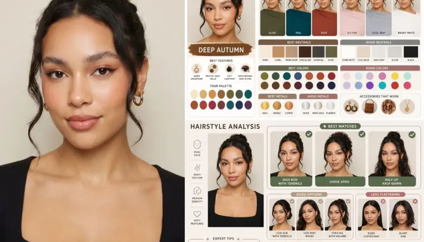Análisis de colorimetría para "Deep Autumn", mostrando paletas de colores, peinados y accesorios que favorecen a la modelo.