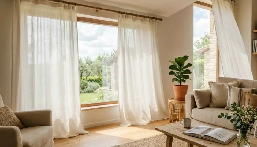 Tende leggere che arrivano fino al soffitto, creando un'atmosfera ariosa e luminosa in un soggiorno accogliente con vista sul giardino.