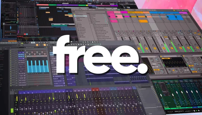 Musikproduktion-Software mit vielen Spuren und Effekten. Eine riesige "free."-Schrift überlagert die Ansicht, die eine FL Studio Alternative Free darstellt.