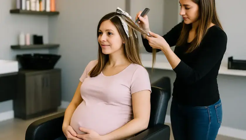 Une coiffeuse réalise une décoloration sur les cheveux d'une femme enceinte, qui tient son ventre avec un sourire.