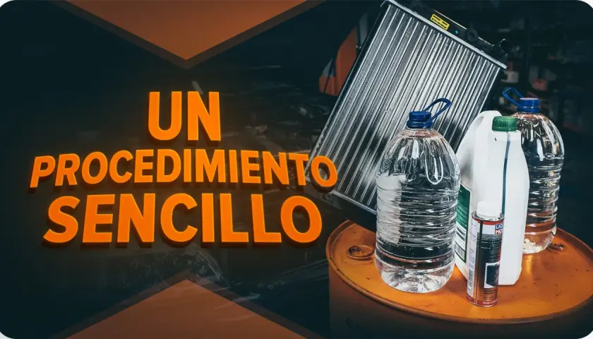 Radiador de coche, botellas de agua y productos de limpieza. Aprende como limpiar el radiador de un coche fácilmente.
