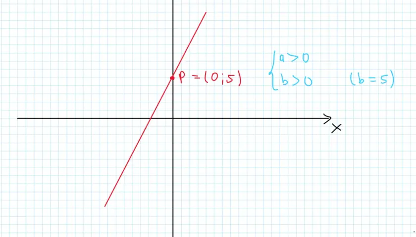 Notatka: funkcja liniowa y=ax+b. Punkt P(0;5) to przecięcie z osią Y. a>0, b>0, b=5.