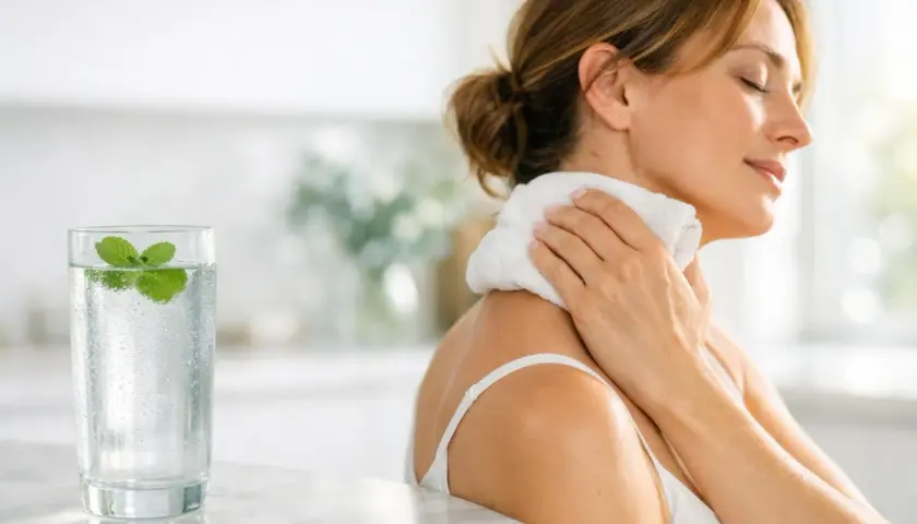 Donna con impacco fresco sul collo, bicchiere d'acqua e menta: rimedi naturali mal di testa.