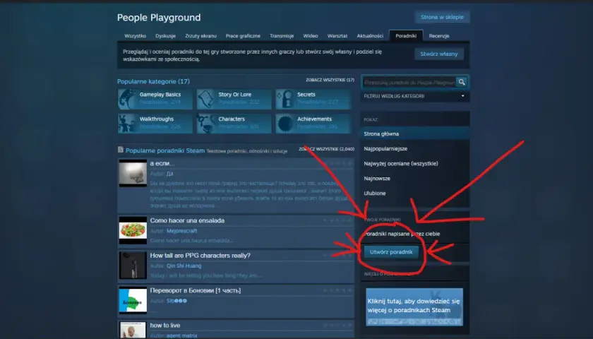 Strona poradników do People Playground. Kliknij "Utwórz poradnik", aby dowiedzieć się, jak napisać do supportu Steam.
