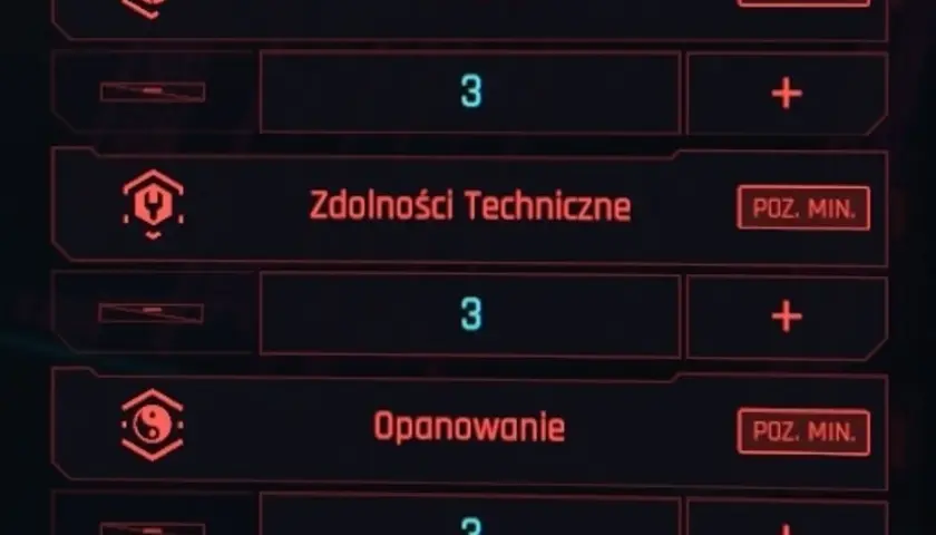 Cyberpunk atrybuty na start: Refleks, Zdolności Techniczne, Opanowanie. Każdy na poziomie 3, gotowy do rozwoju.
