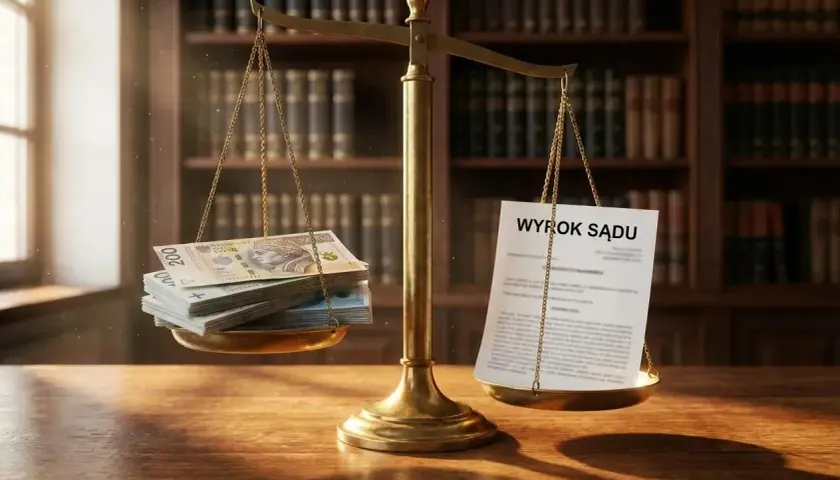 Waga szalkowa z pieniędzmi i dokumentem "Wyrok Sądu". Symbolizuje likwidację stanowiska pracy i odprawę.