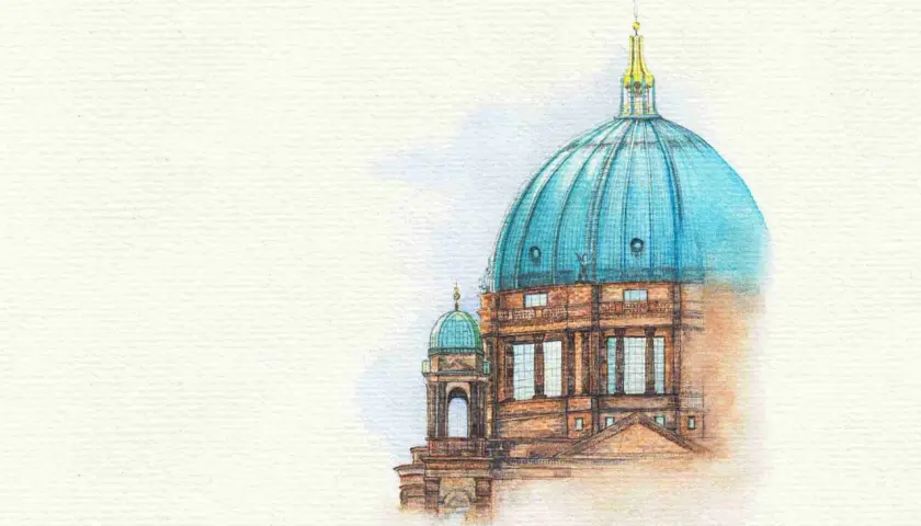 Zeichnung einer blauen Kuppel eines historischen Gebäudes auf weißem Hintergrund.