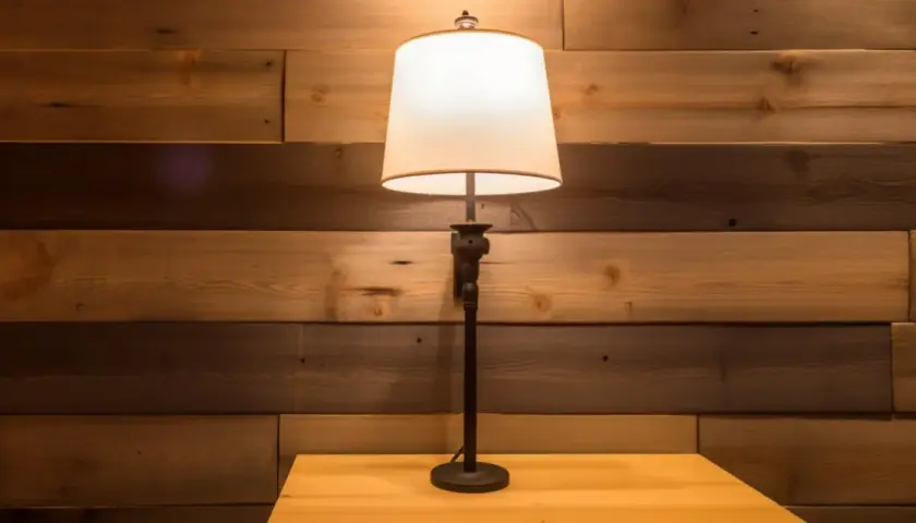 Stojąca lampa z abażurem na drewnianym stoliku, tło z desek. Potrzebna naprawa lamp stojących?