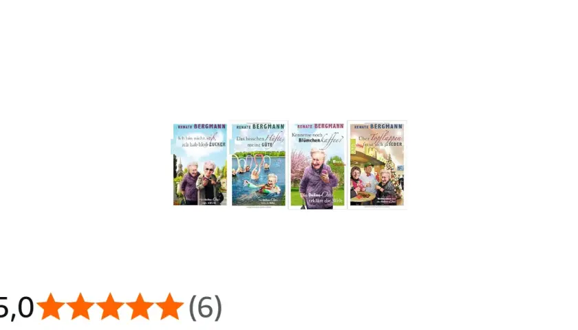 Vier Buchcover von Renate Bergmann in Reihenfolge: "Ich bin nicht. süß, ich hab bloß Zucker", "Das bisschen Hüfte, meine Güte", "Kennense noch Blümchenkaffee?" und "Über Topflappen freut sich ja jeder".