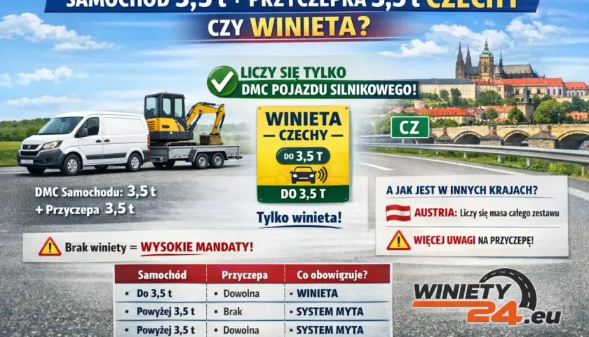 Czechy: opłaty drogowe powyżej 3,5 tony. Samochód z przyczepką 3,5t wymaga winiety. Liczy się DMC pojazdu.
