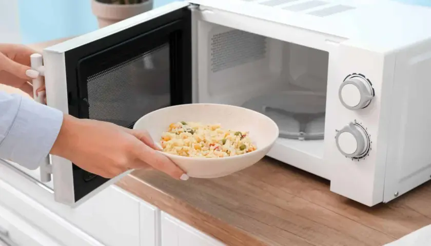 Une main place un bol de riz aux légumes dans un micro-ondes. Ce bol en mélamine est parfait pour réchauffer vos plats au micro-onde.