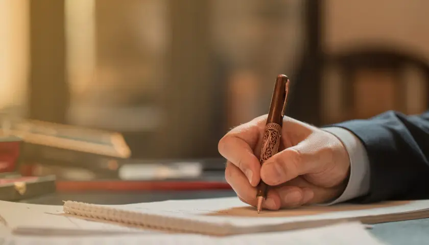 Dłoń pisze piórem ozdobnym na papierze. Zapewne to wniosek o stwierdzenie nabycia spadku, który wymaga staranności.