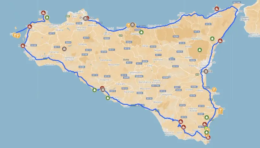 A scenic route around Sicily, showing towns and roads. This map helps answer how long does it take to drive around Sicily, with a blue line marking the journey.