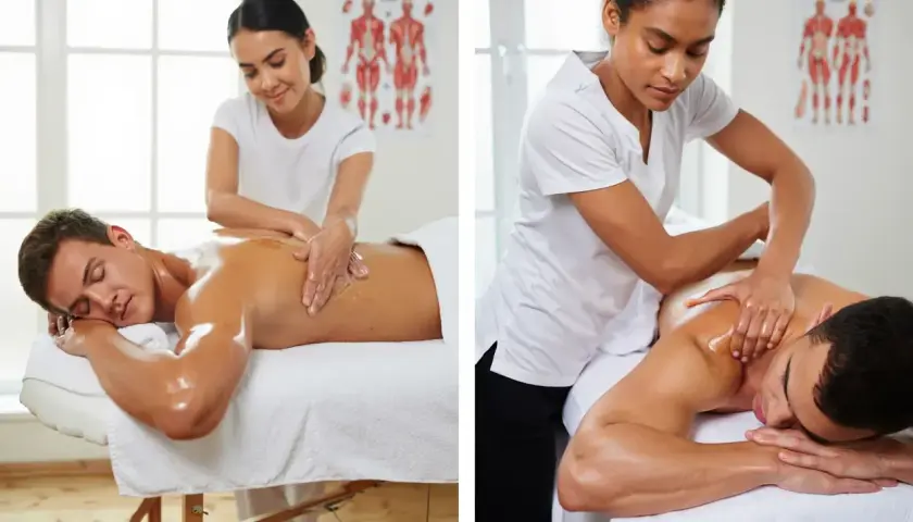 Deux hommes reçoivent un massage thérapeutique. Le massage thérapeutique, c'est une approche manuelle pour soulager les tensions.