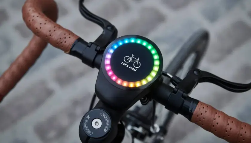 Kierownica roweru z kolorowym wyświetlaczem LED i napisem "Let's ride!". Widoczne brązowe owijki kierownicy i hamulce. Sigma 1200 ustawienia koła.