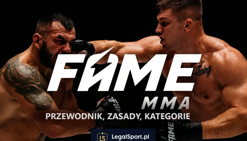 Dwóch zawodników MMA w akcji, z napisem FAME MMA i tekstem "Przewodnik, zasady, kategorie".
