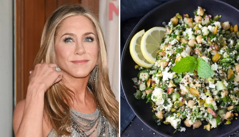 Jennifer Aniston sallad recept: en närbild på skådespelerskan och en skål med en fräsch quinoa-sallad med kikärtor, fetaost och pistagenötter.