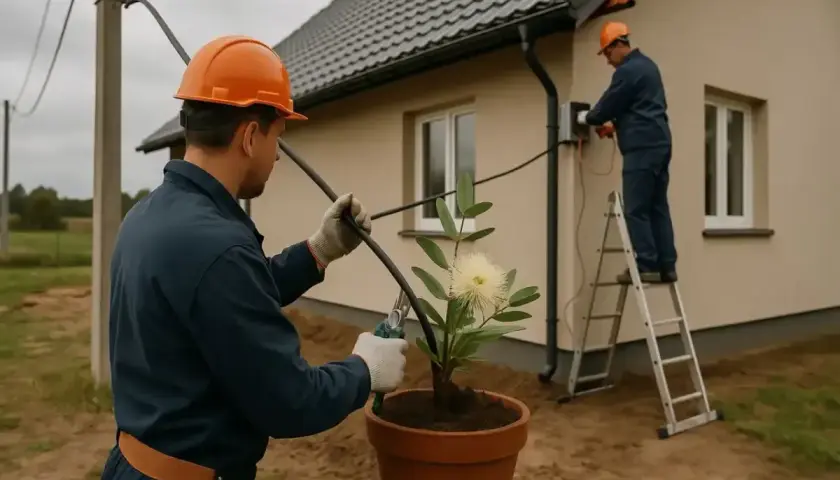 Elektrycy w kaskach kończą odbiór instalacji elektrycznej przy domu. Jeden pracuje przy skrzynce na drabinie, drugi przy kablu.