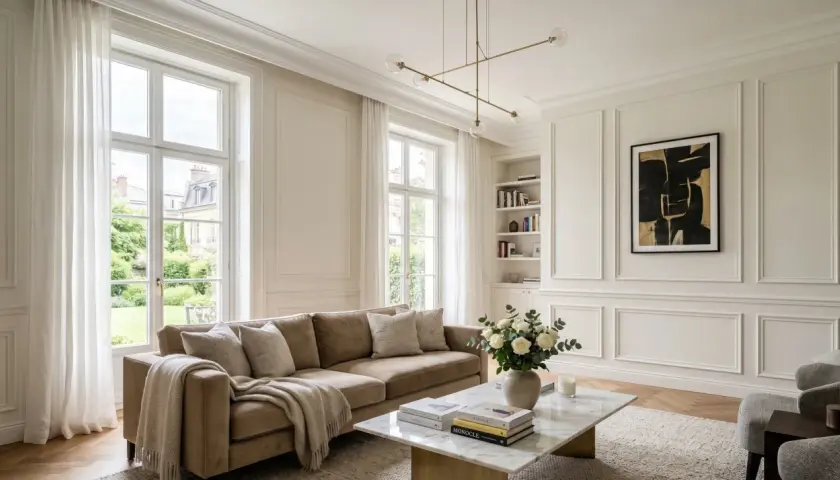 Elegancki salon z sofą, marmurowym stolikiem i bukietem róż. Wnętrze zdobi subtelna sztukateria w salonie, dodająca mu klasy.
