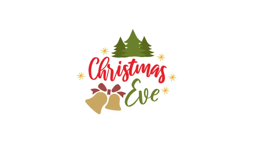 Come si scrive vigilia di Natale: alberi verdi, campane dorate con fiocco rosso e stelle arancioni circondano la scritta "Christmas Eve".