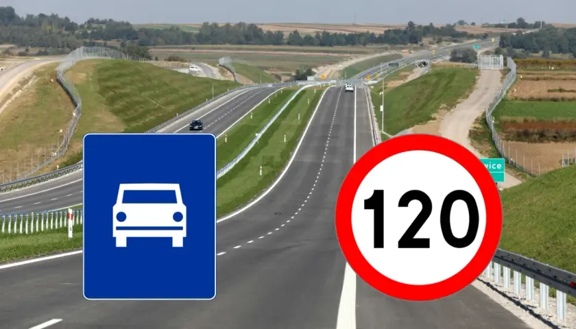 Droga ekspresowa z ograniczeniem prędkości do 120 km/h. Znak informuje o dopuszczalnej prędkości na tym odcinku.