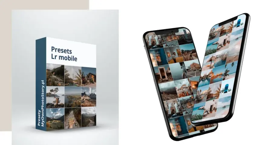 Pudełko z napisem "Presets Lr mobile" i dwa telefony z siatkami zdjęć. Dowiedz się, co to presety i jak ulepszyć swoje fotki!