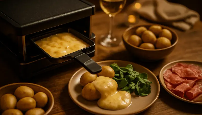 Appareil à raclette avec fromage fondu, pommes de terre, salade et charcuterie. Tous les ingrédients pour une raclette réussie sont prêts à être dégustés.