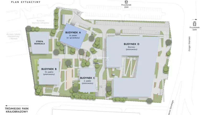 Plan sytuacyjny Skycity Gdynia. Obok Strefy Rekreacji i budynków biurowych, znajdziesz tu atrakcje dla dorosłych, jak park i bliskość morza.