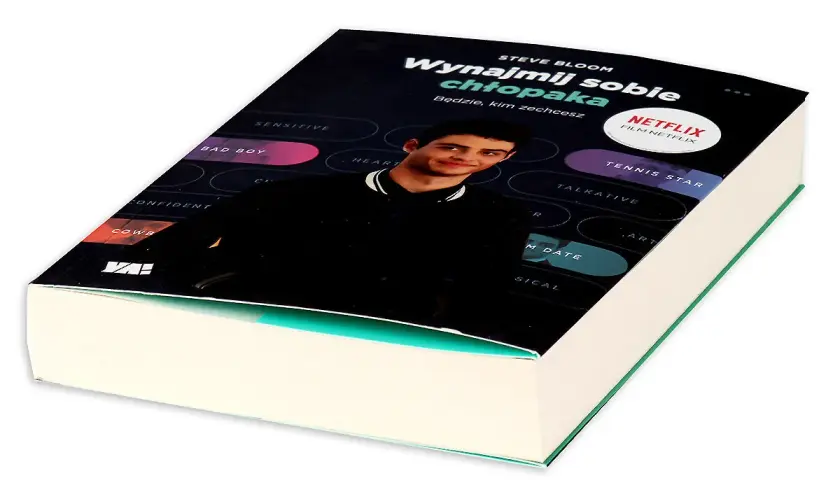 Okładka książki "Wynajmij sobie chłopaka" ze Steve'em Bloomem. Na okładce młody mężczyzna i opcje wyboru: "Bad Boy", "Tennis Star", "Talkative".